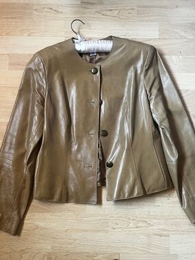 Jones New York Metallic Olive Green Leather Button Jacket